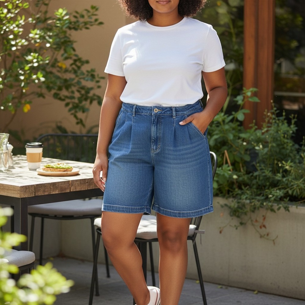 Terra & Sky Drapey Shorts 24W Blue NWT High Rise Pleated Cotton Lyocell Lucy